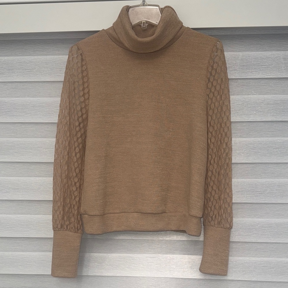 Tan Turtleneck Sweater with sheer lace like sleeves